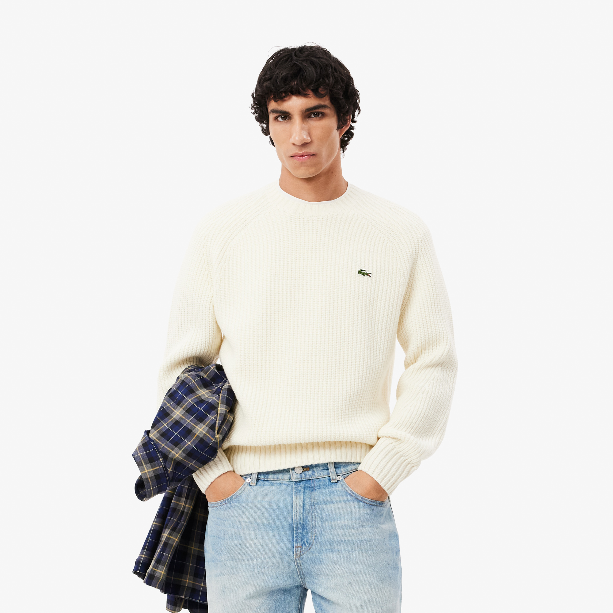 Мужской толстый шерстяной свитер Lacoste с круглым вырезом