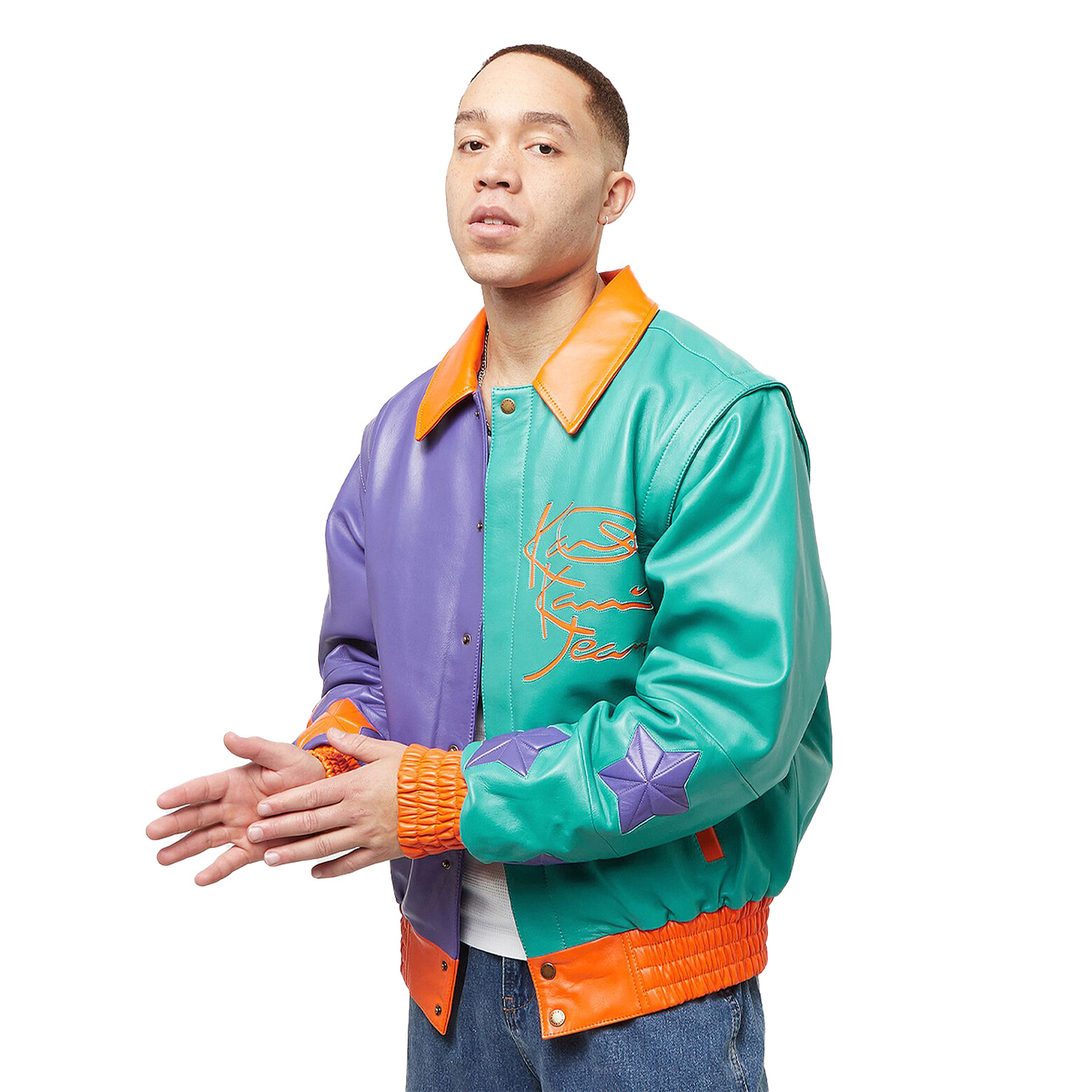 Metal Plate Block Leather College Jacket