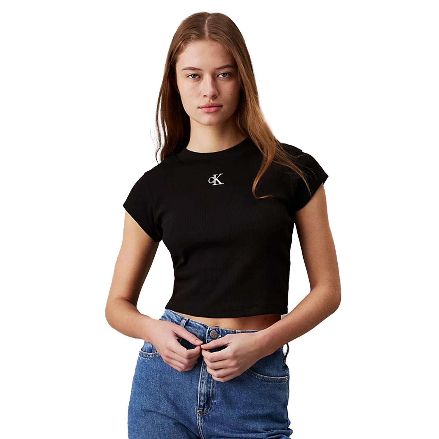 

Slim Cropped Ribbed T-Shirt, Черный