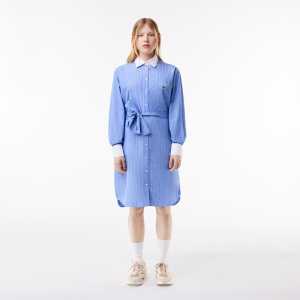 Женское Платье - поло Lacoste в полоску с длинным рукавом и поясом